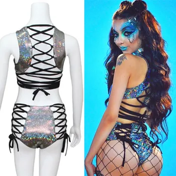 

Women Hologram Club Bar Singer Show Serve New Pattern sexy Silver Laser Bandage Hollow out Suit Cosplay Clothes