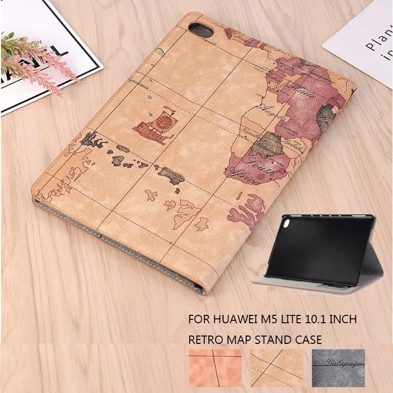 

For Huawei MediaPad M5 Lite 10 BAH2-W19/L09/W09 Case Ultra Slim Retro Map Pu Leather Smart Stand Cover For MediaPad M5 Lite 10.1