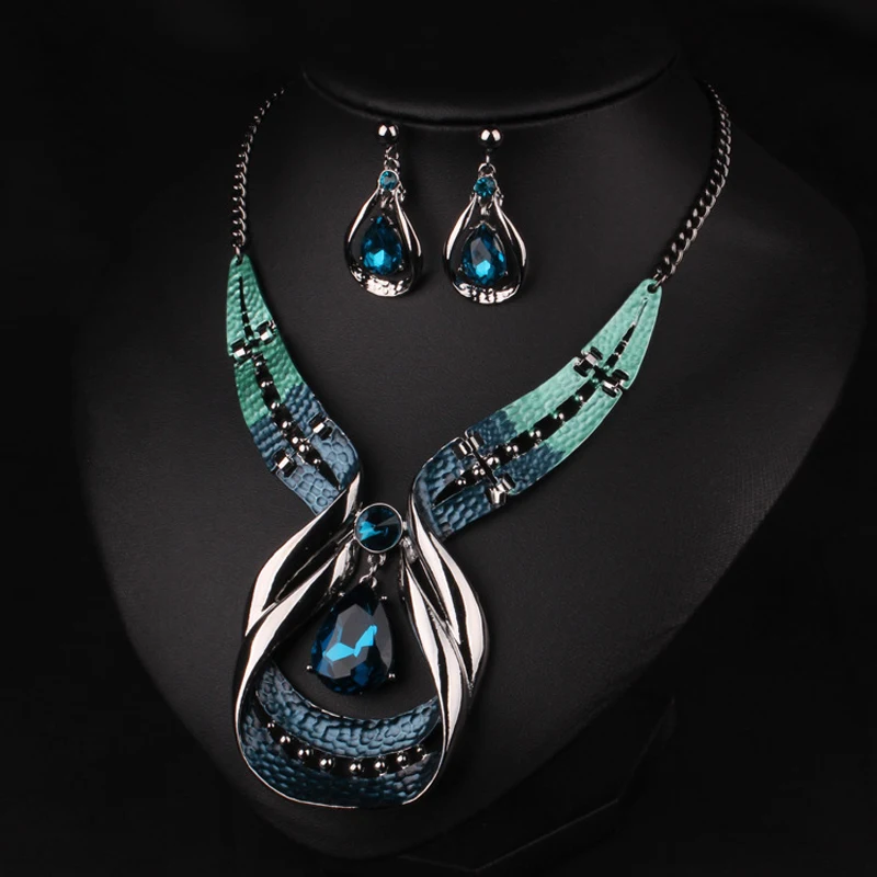 Austrian Crystal Jewelry Sets Fashion Blue Choker Collar Necklace dangle earring Jewellery Silver Plated Bridal Wedding Jewelry