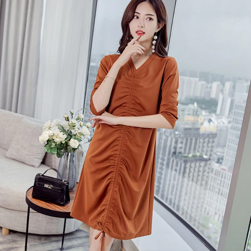 

2019 spring summer plus size new Korean V-neck dress Wrinkle temperament Loose midi dresses satin women dress vestidos clothes