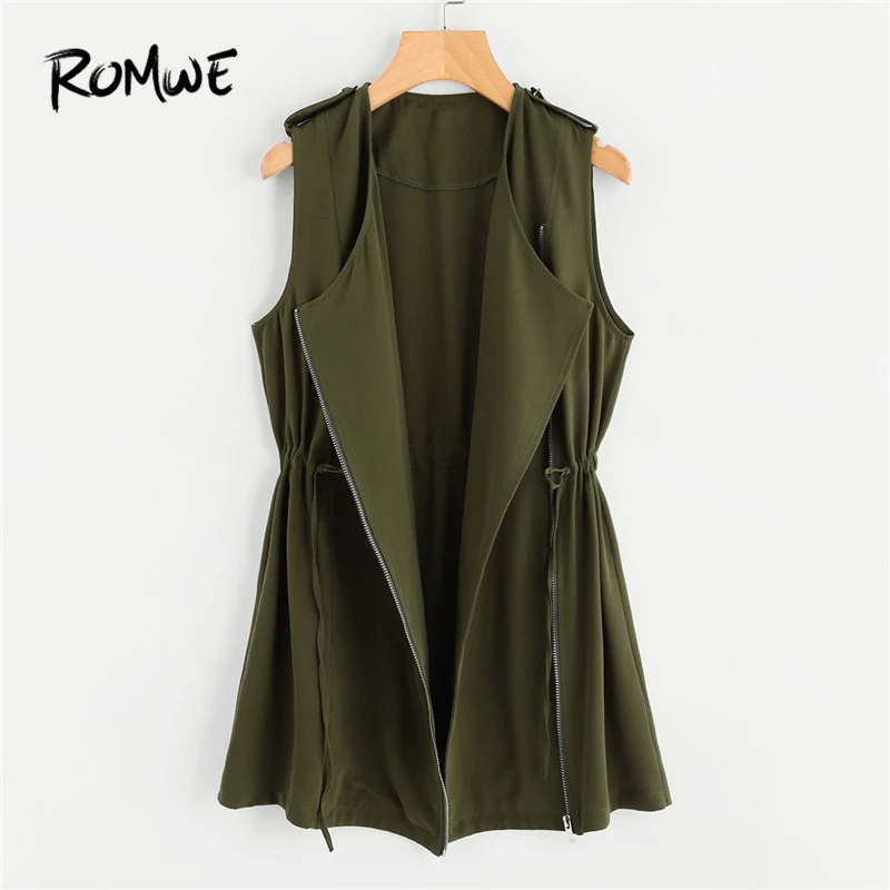

ROMWE Drawstring Waist Zipper Up Vest Casual Army Green Women Drawstring Vest Ladies Summer Autumn Vest