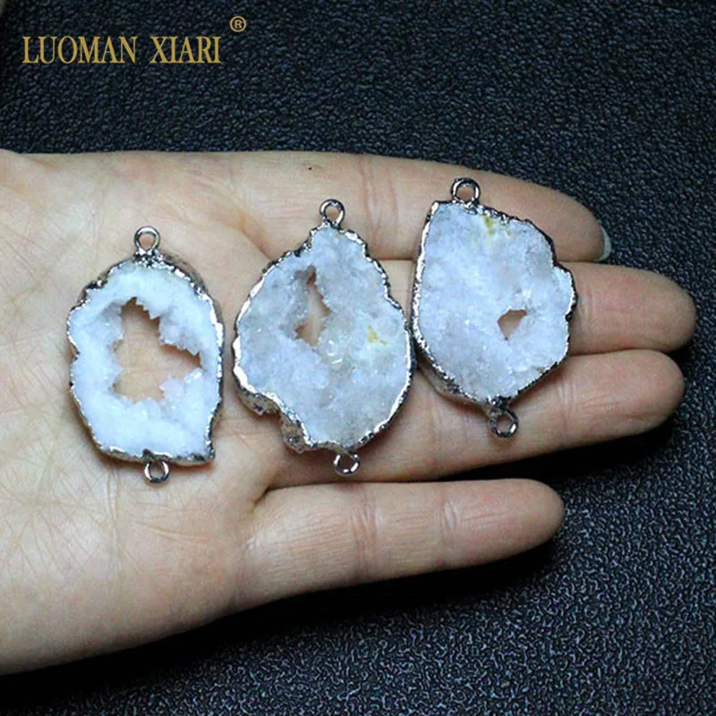 Wholesale 2 Circle Natural Unique Drusy Crystal silvery Plated Geode Stone Pendant DIY Necklace Earring For Jewelry Making