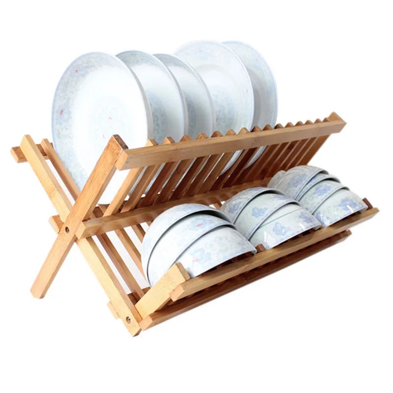 

2 Tiers Bamboo Dish Rack Foldable Sink Bowl Dish drainer Drying Rack Storage Holder Wooden Kitchen Supplies Organizer