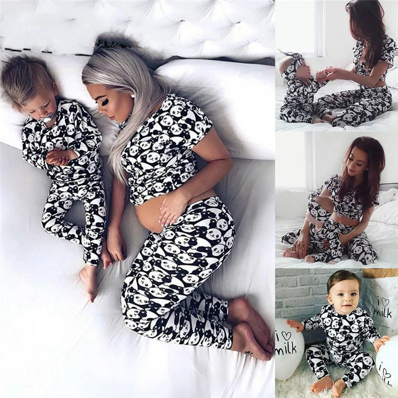 

2018 New Family Matching Panda Print Pajamas Set Women Baby Kids Girl Boys Sleepwear Nightwear Pjs Matching Outfits