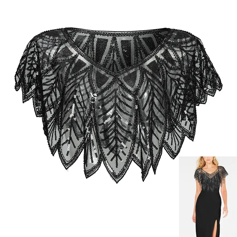 Online Schwarz Schal Cape Bolero Shrug mit Perlen Armloch Vintage inspiriert 1920s Great Gatsby Flapper Art Deco Hand made