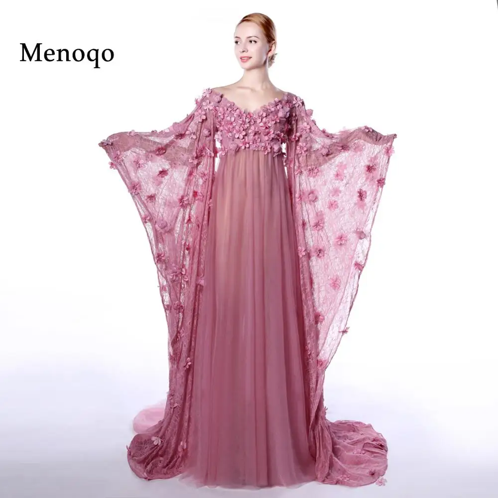

Menoqo Sexy Evening Dress Big Long Sleeves Pregnant Women High Waist Hand made Flowers Maternity Evening Dress Real Picture