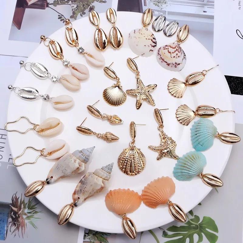 

Fashion Women Bohemian Gold Starfish Conch Cowary Shell Big Circle Drop Earrings High Quality Shell Dangle Earrings