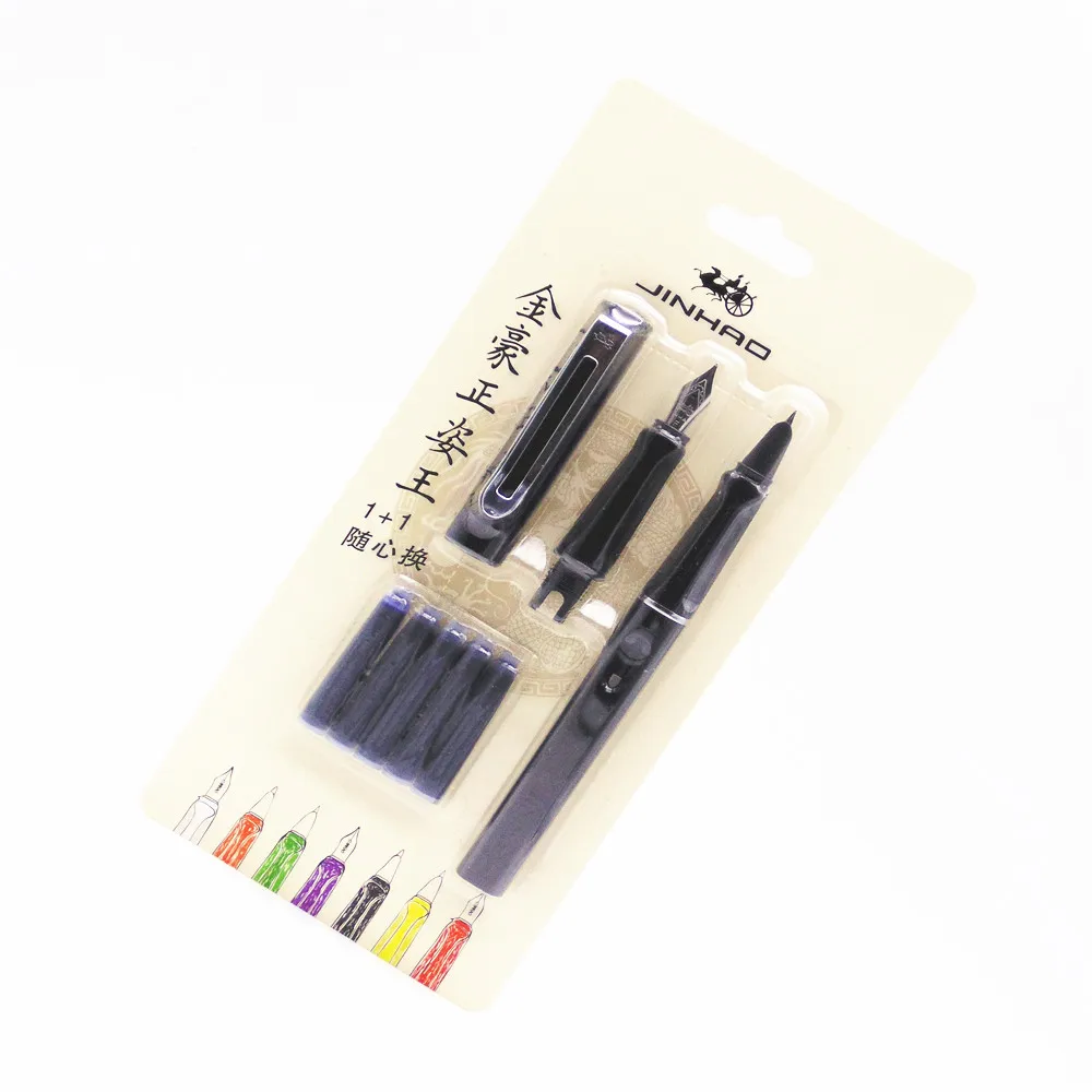 Jinhao 599, черный набор ручек, 5 шт., синие чернила, среднее Тонкое Перо, перьевая ручка, каллиграфическая ручка для студентов, офиса, бизнеса