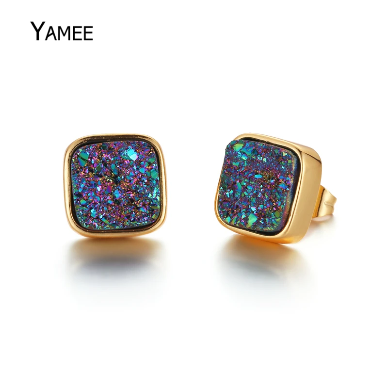 

Hot! 10*10mm Square Trend Druzy Stud Earring Copper Base 24k Gold Color Plated Agates Quartz Druzy Cabochon Charm Women Jewelry