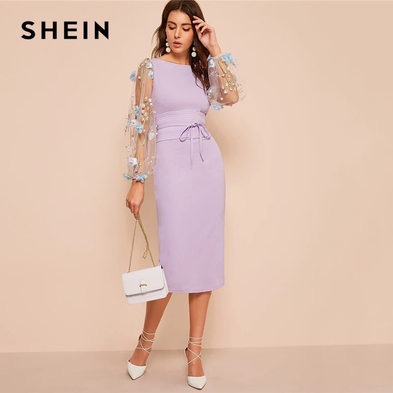 SHEIN черное платье-карандаш с аппликацией и вышитыми сетчатыми рукавами, женские осенние элегантные повседневные платья-карандаш с вырезом лодочкой