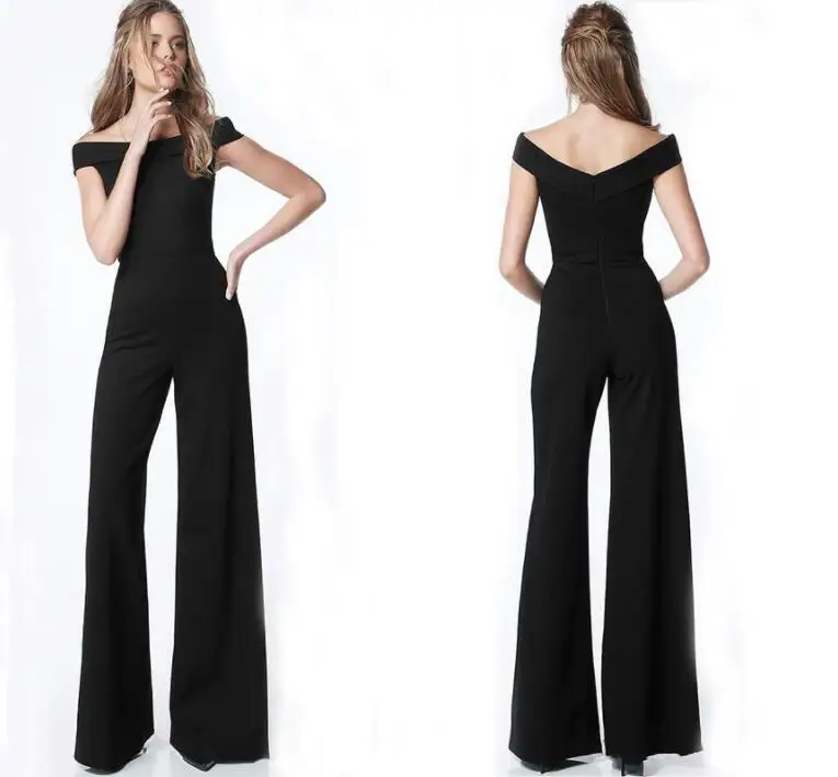 

BLack Long Pant Women jumpsuit Sexy backless off shoulder high waist wide leg Pants jumpsuit romper Female casual overall Style