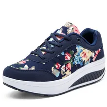 High Quality Stripe Floral Platform Slimming Shoes Woman 2016 Breathable Wedges Heel Casual Shoes Women Trainers Thick Sole