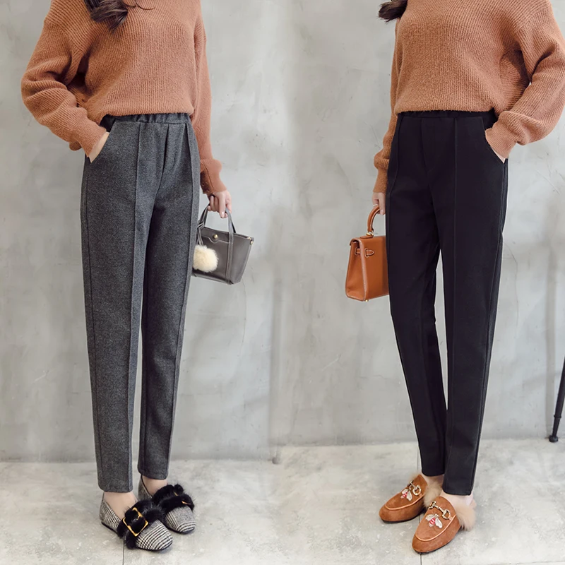 Kopen 2018 Herfst Winter Nieuwe vrouwen Dikke Wollen Harembroek Vrouwelijke Lange Broek Toevallige Losse Dames Pantalon Zwart Grijs Potlood broek