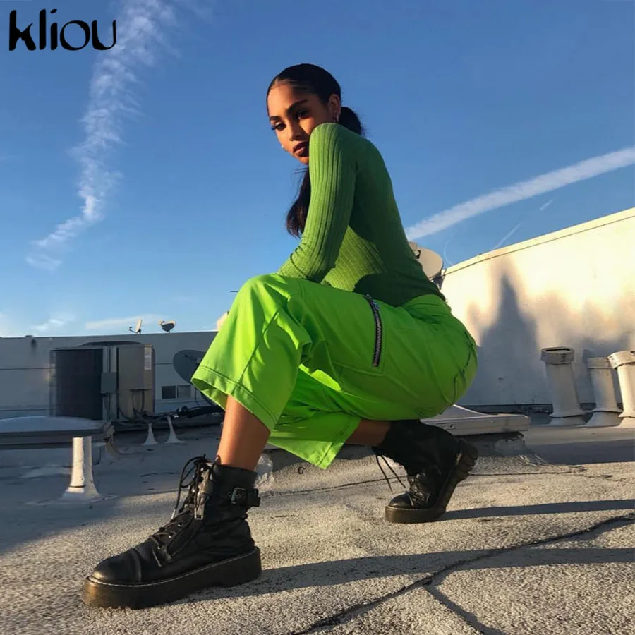 Kliou Весна новые зеленые женские штаны карго Высокая талия молния муха тренировки уличные флуоресцентные зеленые брюки с карманами брюки