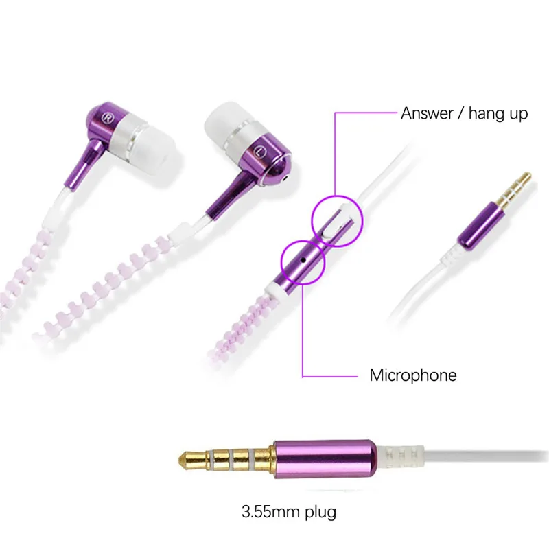 Шикарный световой Металл наушники с «молнией» вкладыши Стиль стерео наушники с микрофоном