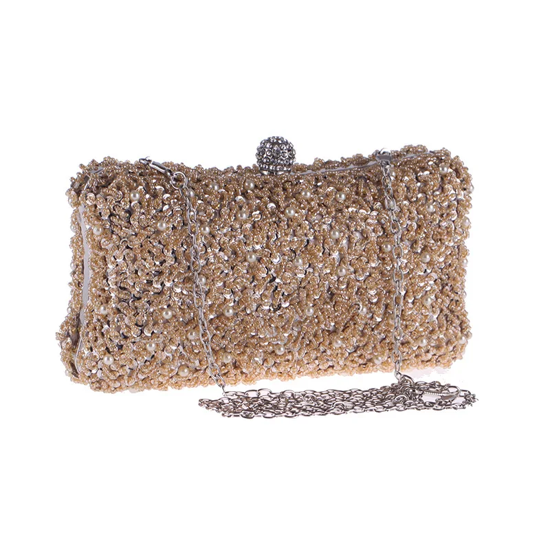 

Elegant Handmade Women's Evening Party Clutch Solid Beading Crystal Flap Pouch Bag Lady Handbag Metal Frame Purse Shoulder Bag