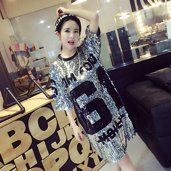 

Casual Women Jazz harem Wear Top Loose paillette Short Sleeve Letter Black silver modern dance O-neck Long T-shirt