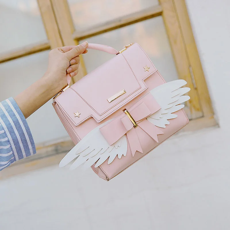 

Japanese Pink Sweet Card Captor SAKURA Bow Wings Woman Lolita Handbags Leisure Street Lady PU Shoulder Bags Crossbody Bags