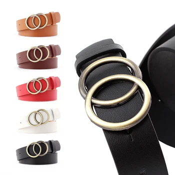 

cinturon mujer New Double Round Buckle Belt Fashion Leather Waist Belt for Women Female Harajuku Black Red Solid Color Belt