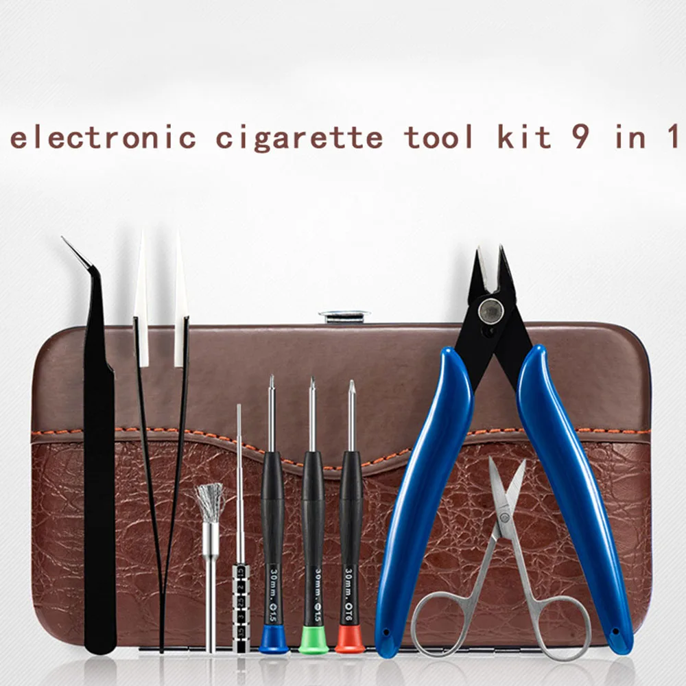 

Coil Father 9 in 1 Tool Bag Kit Tweezers Scissors Coil Jig Brusher Pliers For DIY RDA RDTA Vape Accessory Screwdriver