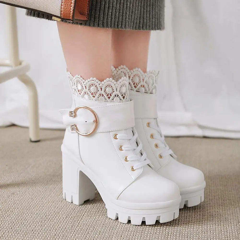 

Large Size 43 Dropship Square Heel Waterproof Ankle Boots Women Shoes Platform High Heels Black Shoes Woman Boots Female Booties