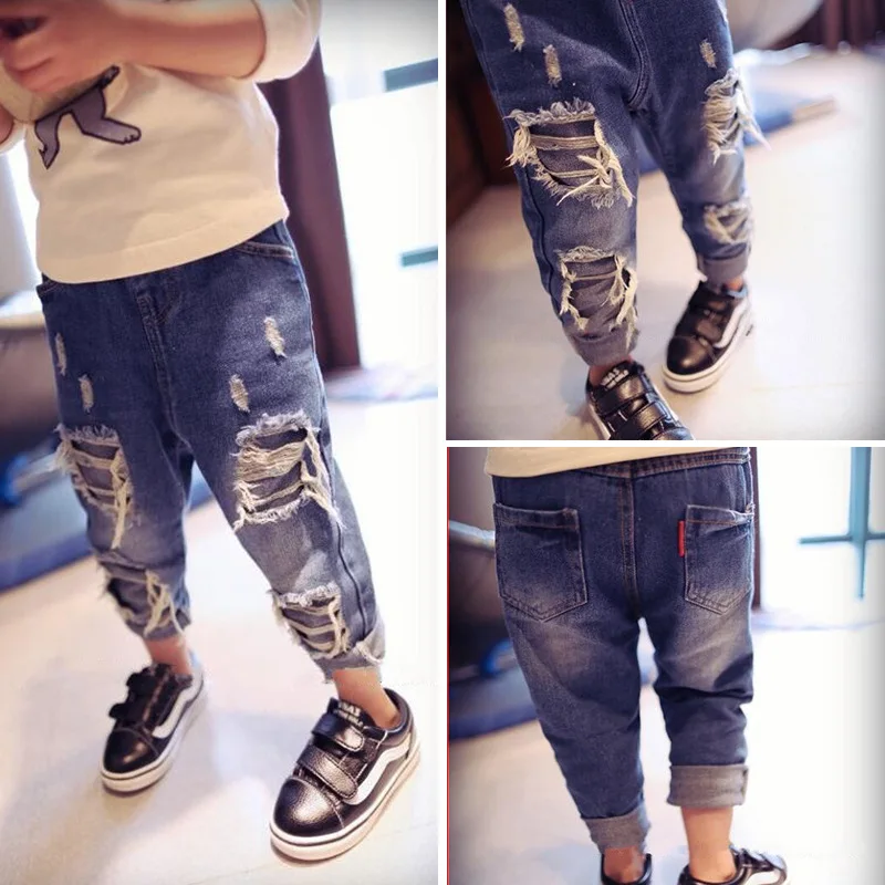 

Kids Boys Holes Jeans Broken Pants Ripped Denim Distressed Trousers Baby Cotton Elastic Waist Bebe Menino Boys Clothing