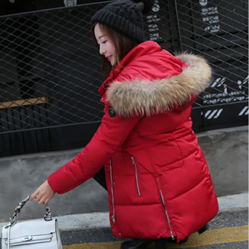 

2015 New Female Thick Down Cotton Padded Jacket Long Sections Slim Luxury Fur Collar Hooded Down Winter Coat Outerwear WY100