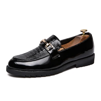 

England fashion men business wedding formal dress bright patent leather shoes slip on lazy oxford shoe black gentleman loafers