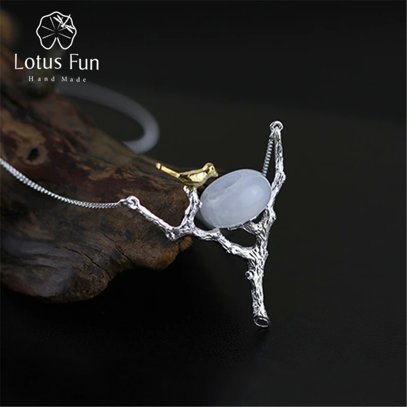 

Lotus Fun Real 925 Sterling Silver Natural White Jade Handmade Fine Jewelry Retray Bird Necklace with Pendant for Women Collier