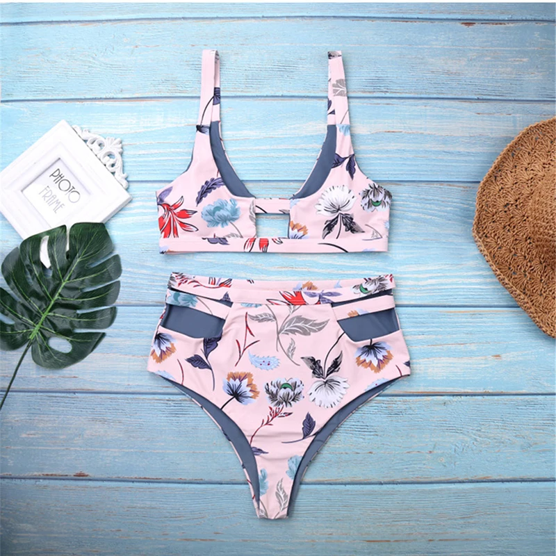 

Print High waist Bikini Set Swimwear 2019 Sexy Front Cut out Two-piece Bikinis Push up Paded Swimming suit Bathing Beach Wear