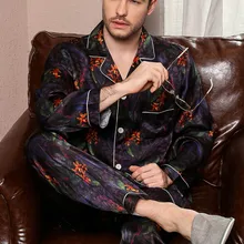 Мода Граффити шелковые пижамы наборы мужские сексуальные благородные шелк тутового ретро с длинными рукавами пижамы натуральный шелк домашняя одежда для мужчин