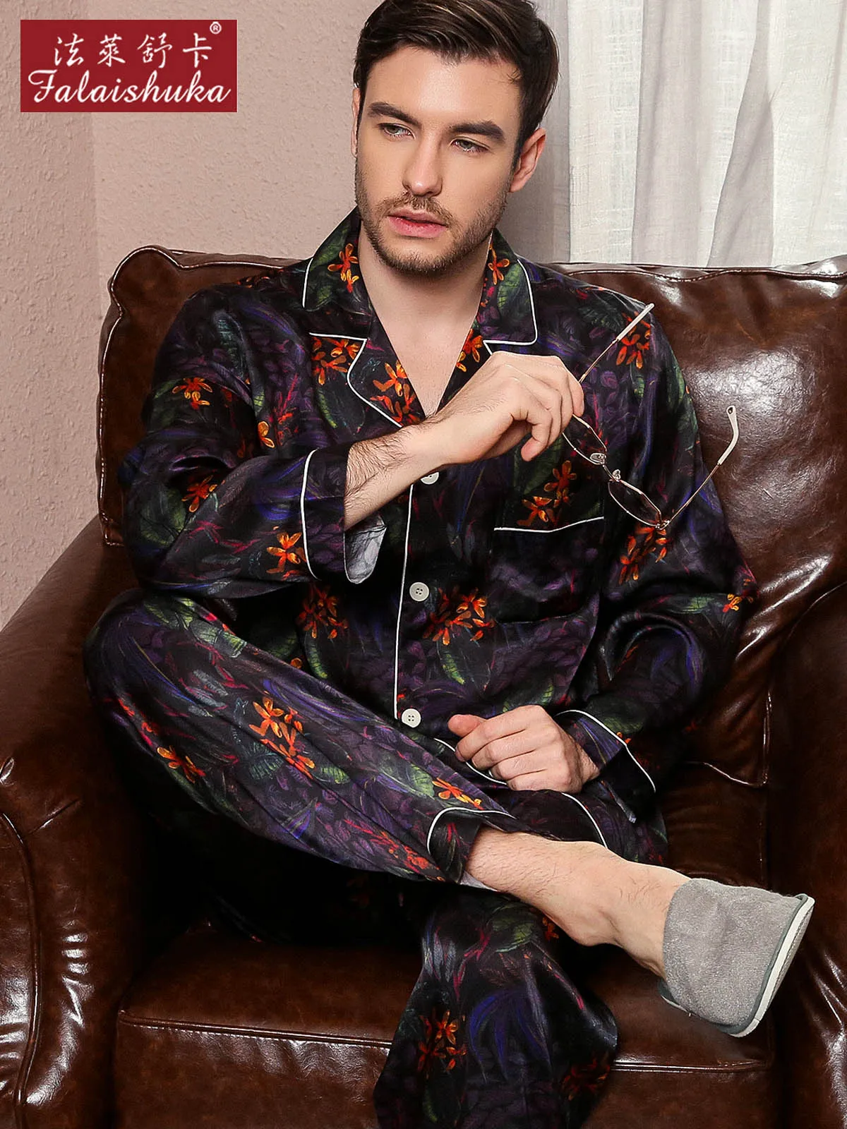 

Fashion Graffiti 100% silk pajamas sets mens sexy noble 100% mulberry silk retro Long sleeve pyjamas natural silk homewear men