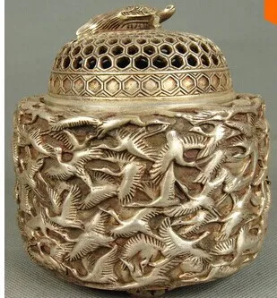 

CHINESE OLD SILVER HANDWORK CARVED SWAN INCENSE BURNER statue
