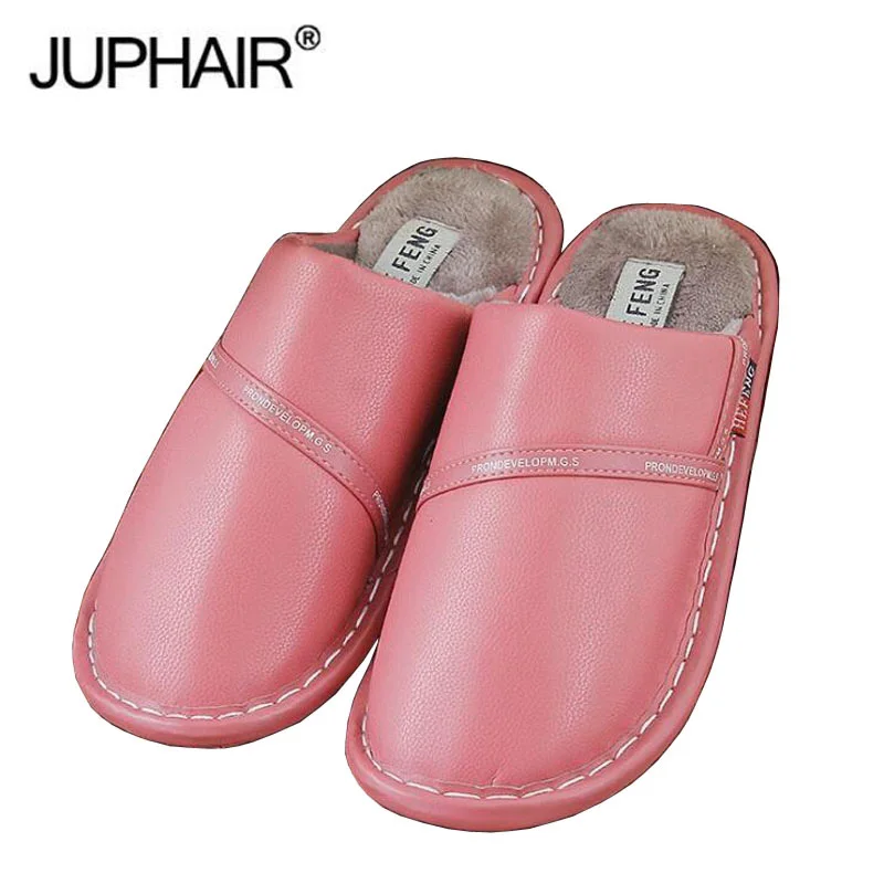 

Autumn Winter Cotton Slippers Men Women Couples Home Indoor Plush Warm Waterproof Non-slip PU Leather Fashion Girl Hair Slippers