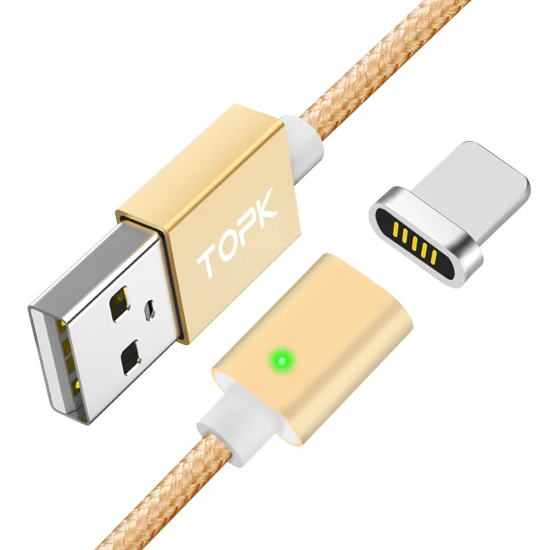 TOPK 1 м Магнитный кабель для iPhone Xs Max Xr 8 7 Plus USB C& Micro USB кабель нейлоновый Плетеный светодиодный кабель с индикатором синхронизации данных type-C - Цвет: Gold cable