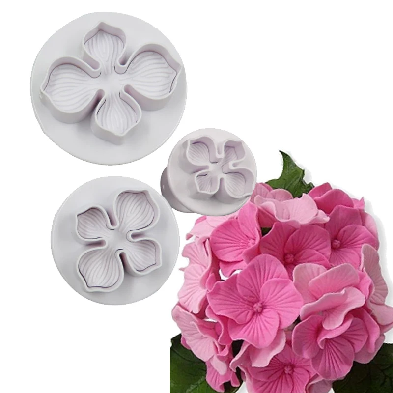 3x Hydrangea Flower Sugar Craft Fondant Cake Plunger Cutter Mould Decoration Diy 