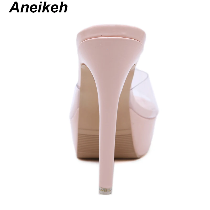 Aneikeh New Summer PVC Transparent Slippers Open Toe Perspex Heel Women High Heel Women's Shoes Thin Heels Slippers black