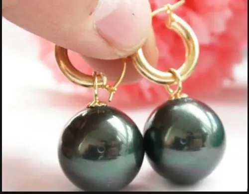 

free shipping 00010 PERFECT ROUND BLACK SOUTH SEA SHELL PEARL DANGLE EARRING