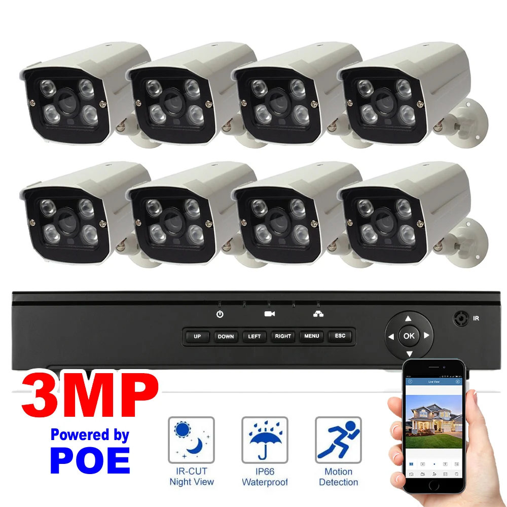Система видеонаблюдения 8 каналов 3 Мп POE H.265 NVR 48 В наружная IP камера ночное