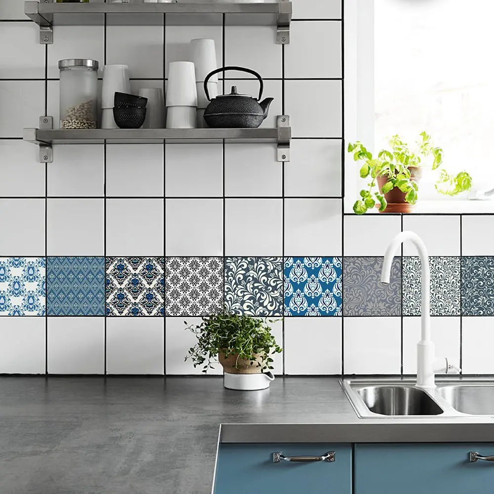 10pcs/set DIY Wall Tiles Stickers Damascus Waterproof Paste Pearl Film Waterproof Kitchen PVC Wall Stickers Home Decor