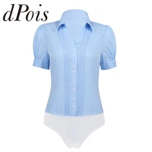 Женская цельная рубашка с отложным воротником, короткий рукав, спереди, с оборками, на пуговицах, Повседневная деловая рубашка, боди, блузка, вечерние, Клубная одежда