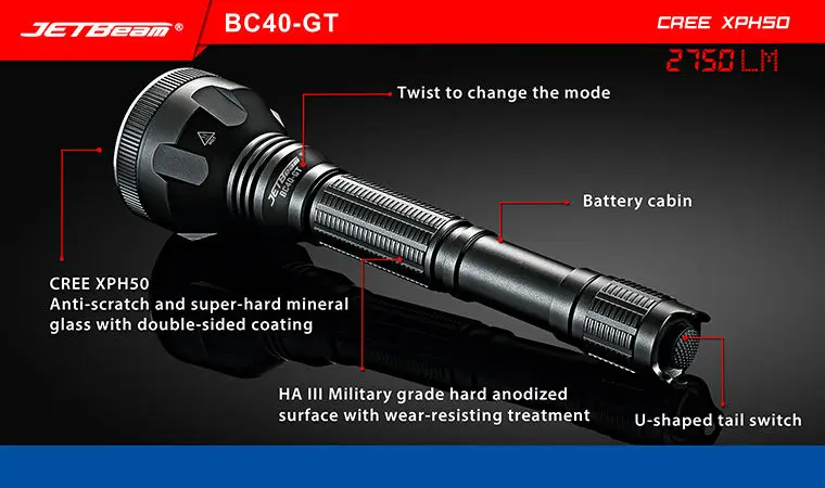 2017NEW JETBeam BC40GT фонарик/прожектор-2750Lm-CREE XHP50 LED