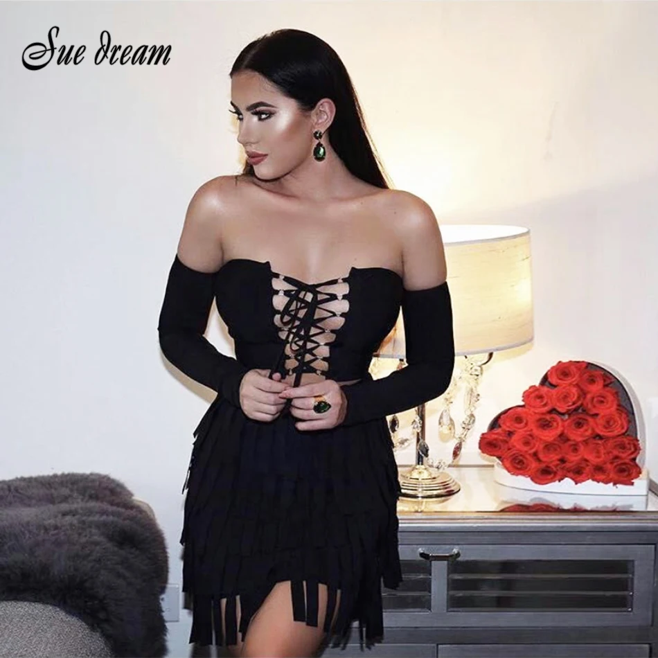 2020 Summer New Women Dress Long Sleeves Slash Neck Bandage Sexy Bodycon Tassel Celebrity Party Black Dresses Vestidos | Женская одежда