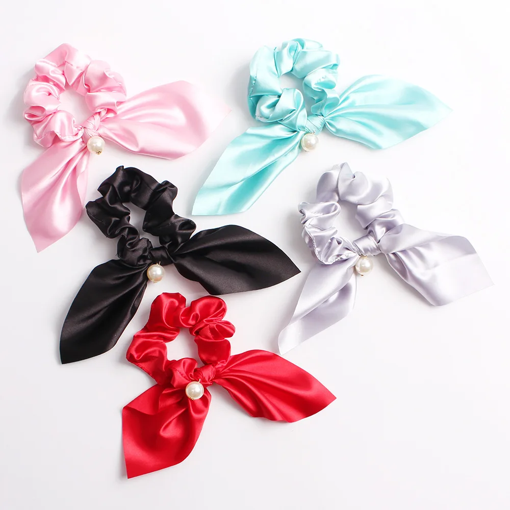 Pure Color Elastic Hair Band Rabbit Ear Bow Pearl Hair Rope Satin Ponytail Scrunchie Hair Tie For Women Headband Hair Accessorie