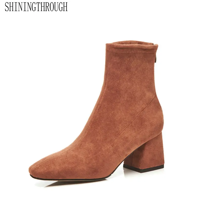 

Genuine Leather Zipper Square High Heel Women Shoes Stretch Ankle Boots Square Toe Spring Autumn Short Boots Size 34-49
