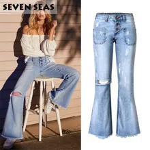 Super! Fashion New Vintage Low Rise Flare Ripped Jeans Women Hippie Femme Loose Tassel Wide Leg Denim Pants