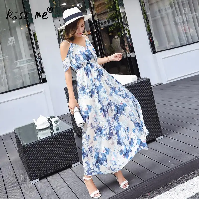 Chiffon Long Style Beach Dress Blue Floral Printed Holiday Maxi Dress Slip Dress Off Shoulder Backless Summer Robe Vintage Women