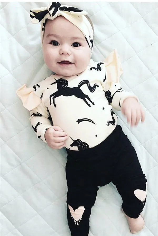 

Autumn infant baby girl clothes cotton horse printed t-shirt + pants + headband toddler 3pcs outfit newborn baby girl clothing