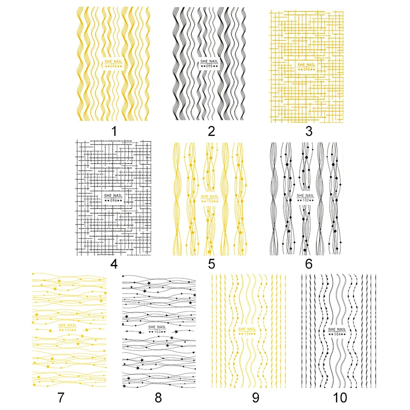 Наклейки для ногтей кривые полосы линии смешанные узоры золотые черные ногти самоклеющийся клейкий трансферный наклейки 3D украшения для ногтей