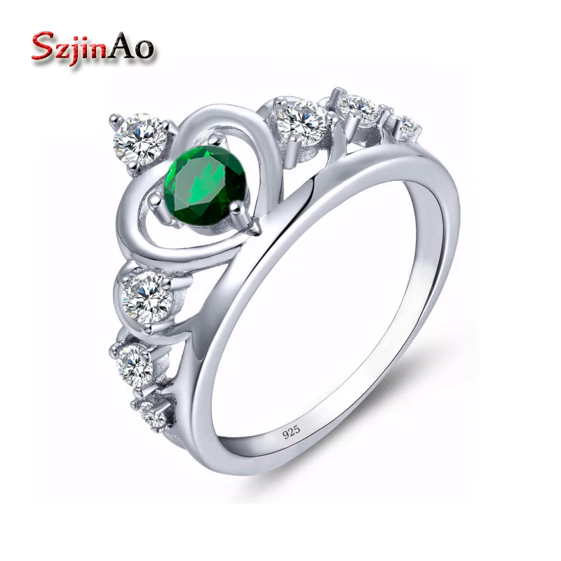 

Szjinao Hot Sale 925 Sterling Silver Crown Wedding Rings With Round Shape GreenEmerald European Authentic Original Ring Jewelry